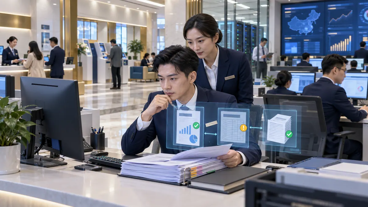授信审批部 / 普惠金融部 · 信贷资料智能核验(财报 / 流水 / 发票 / 抵押物影像一致性) 示意