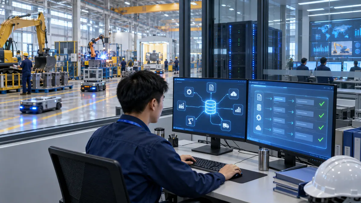 信息中心 · ERP / MES / PLM / WMS / 设备数采接口自动适配 示意