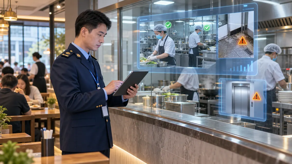 市场监管局 · 餐饮“明厨亮灶 + AI”与电梯困人识别 示意