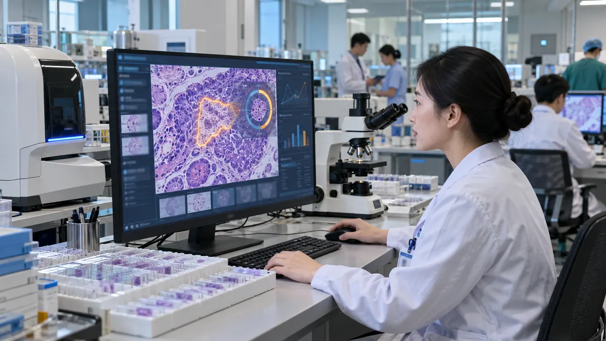 病理科 · 病理切片 AI 辅助阅片与细胞学初筛（宫颈 TCT / 术中冰冻） 示意