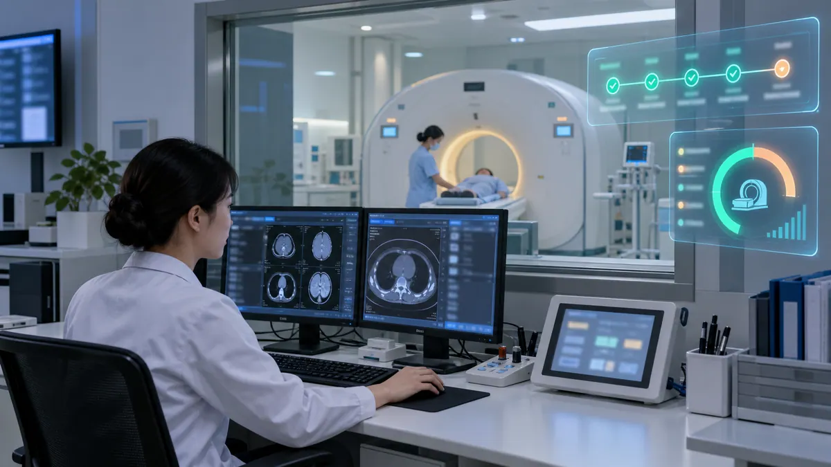 医技科室 · 检验检查智能预约与大型设备排程（CT / MR 等待压缩） 示意