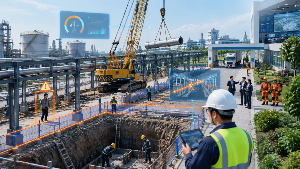 规划建设局 / 公用工程公司 · 公共管廊与在建项目施工安全监管（入侵 / 安全帽 / 深基坑吊装） 示意