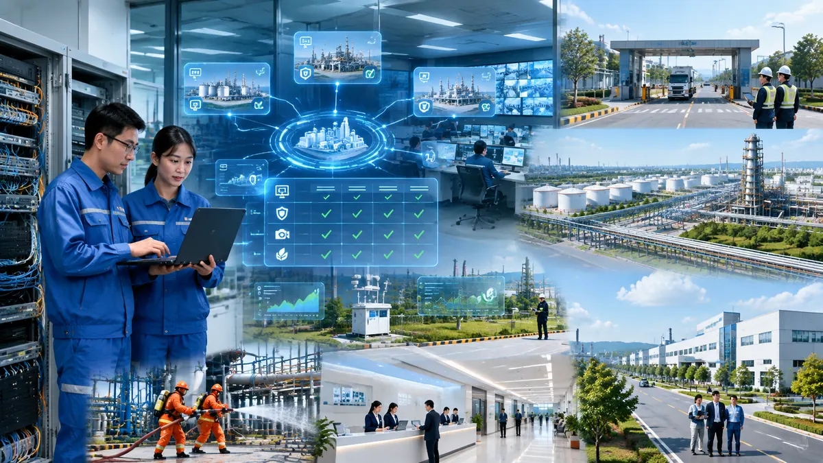智慧园区运营中心 · 企业 DCS / 安全仪表 / 视频 / 环保在线数据接入与接口自动适配 示意