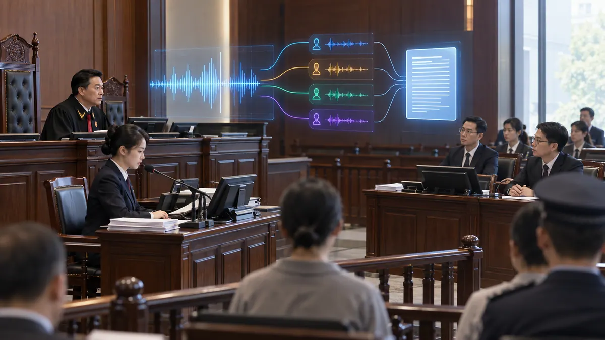 各审判庭 · 庭审语音实时转写与智能记录（多方言 / 多人说话 / 庭审笔录自动成稿） 示意