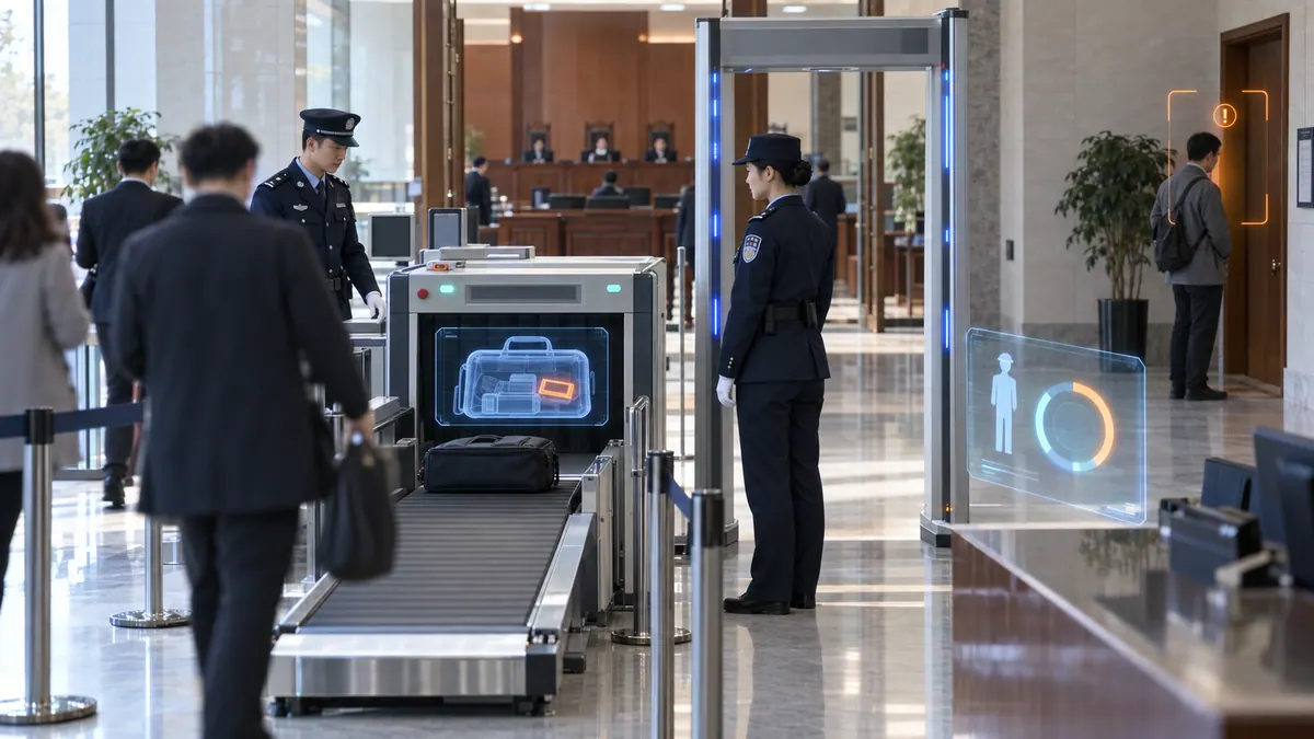 法警支队 / 办公室 · 审判区与羁押通道智能安防（滞留 / 冲突 / 违禁品 / 值守脱岗） 示意