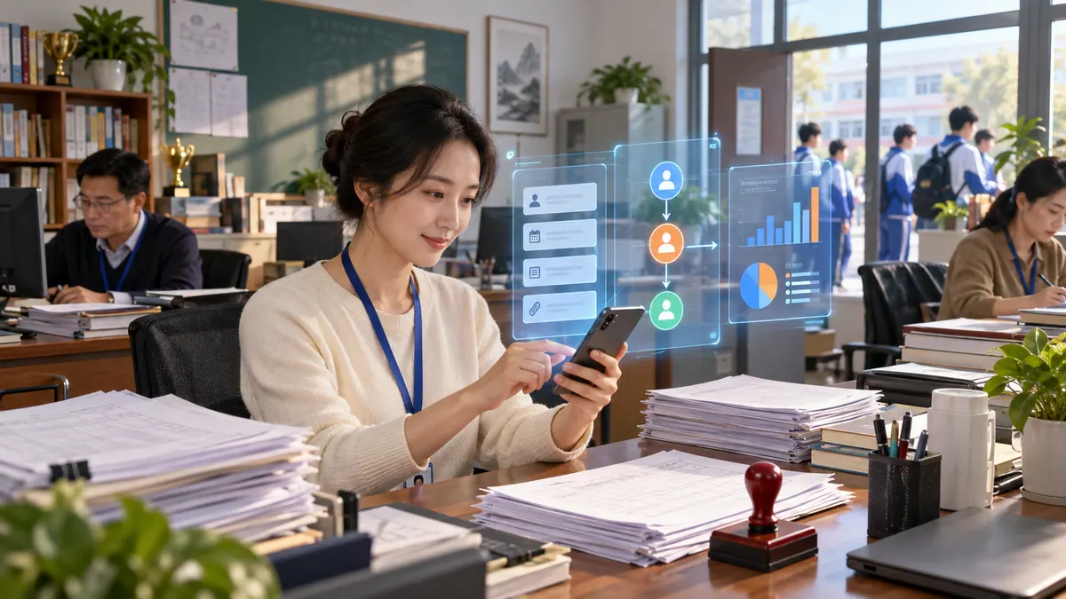 AI 零代码随手开发校务工具（请假 / 报修 / 报名 / 值日 / 社团） 示意