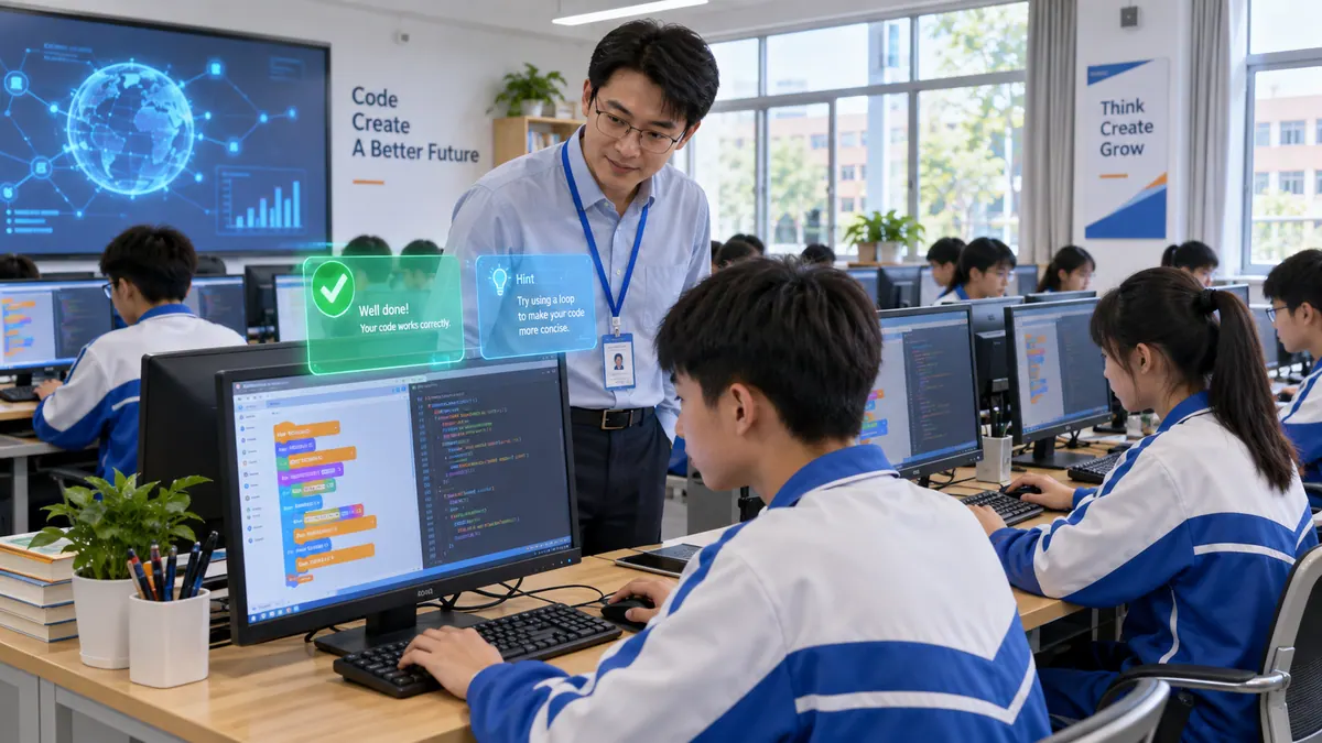 信息科技课 AI 编程助教与作业自动评测（含 AI 通识课） 示意