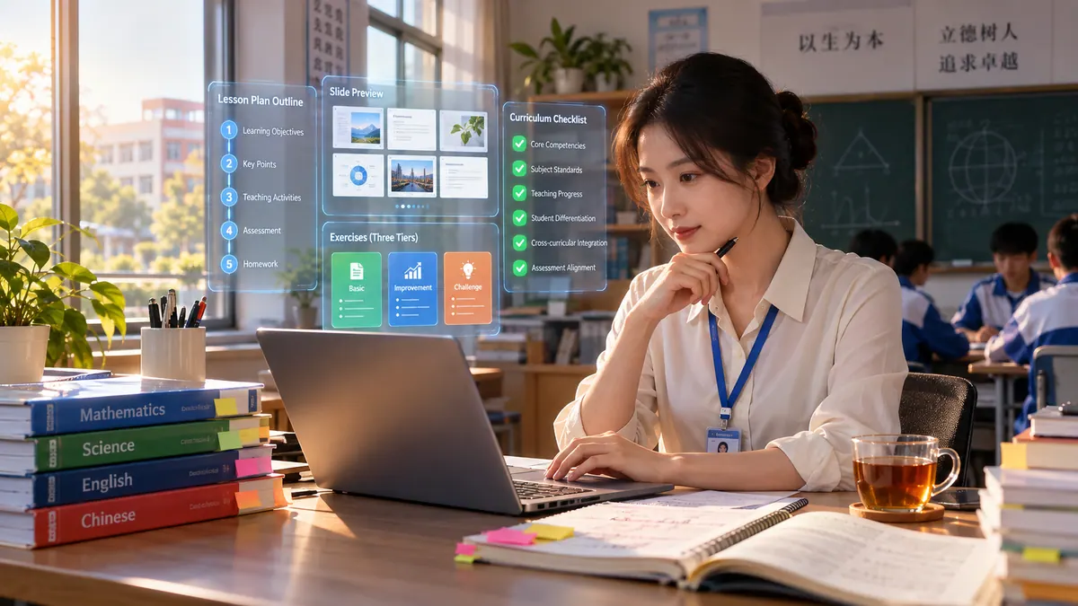 教师备课与教研助手（教案 / 课件 / 分层学案 / 课标对齐） 示意