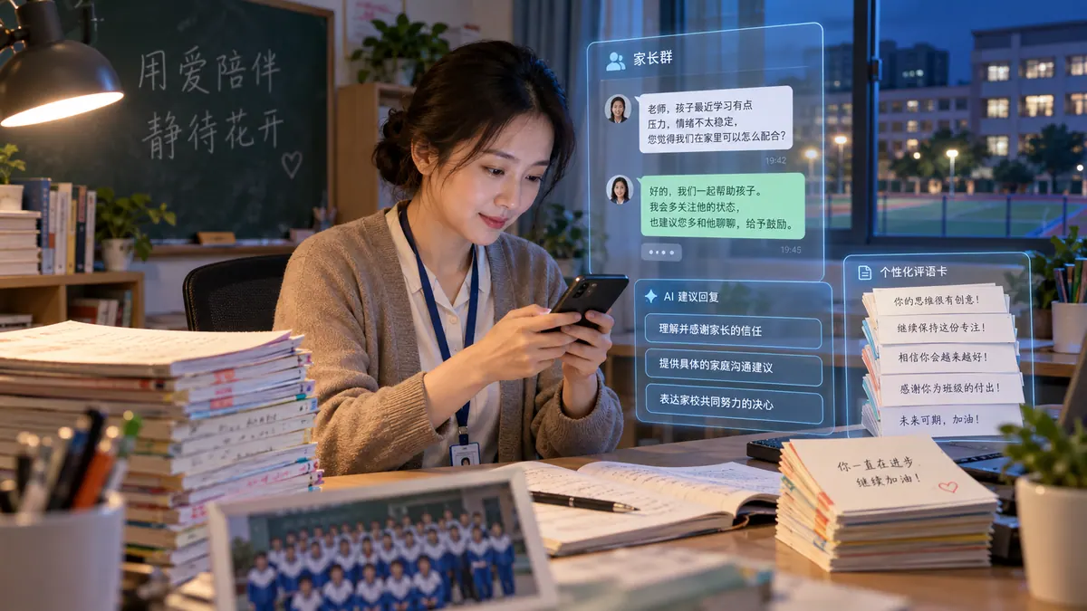家校沟通与班主任助手（通知 / 咨询回复 / 成长评语） 示意