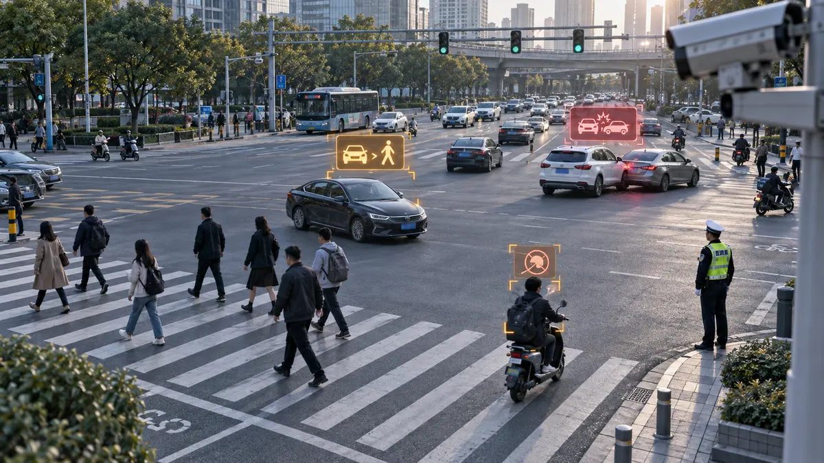 交警支队 · 交通违法与事故 AI 识别(不礼让行人 / 加塞 / 骑乘不戴头盔 / 事故秒级发现) 示意