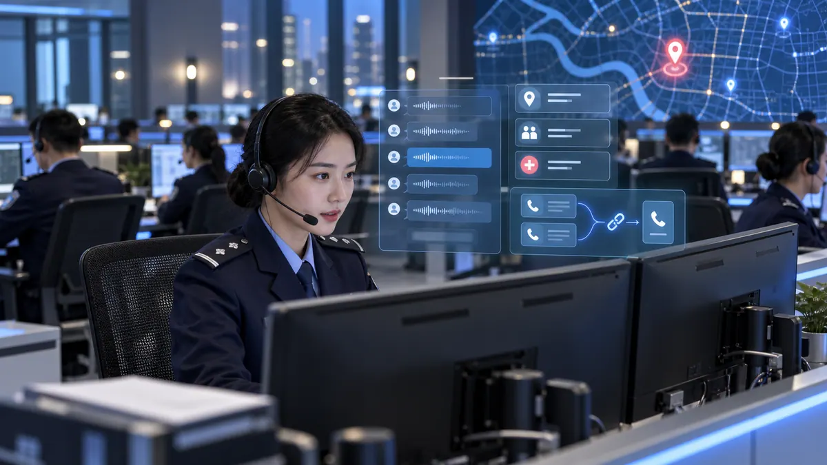 情指中心 · 110 警情语音转写、要素提取与智能分类研判(重复警情 / 关联警情) 示意