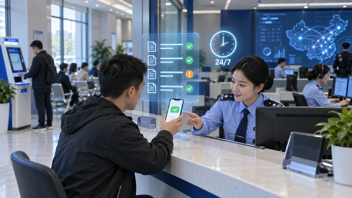 户政 / 出入境 / 12389 · 群众咨询智能应答与办事材料预审(7×24 / 一次告知) 示意