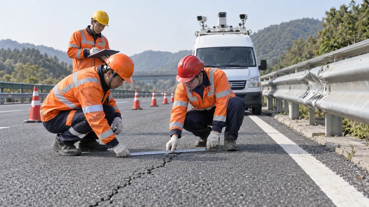 高速养护中心 · 路面病害与标志标线巡检车 AI 识别(裂缝 / 坑槽 / 车辙 / 护栏损坏) 现场