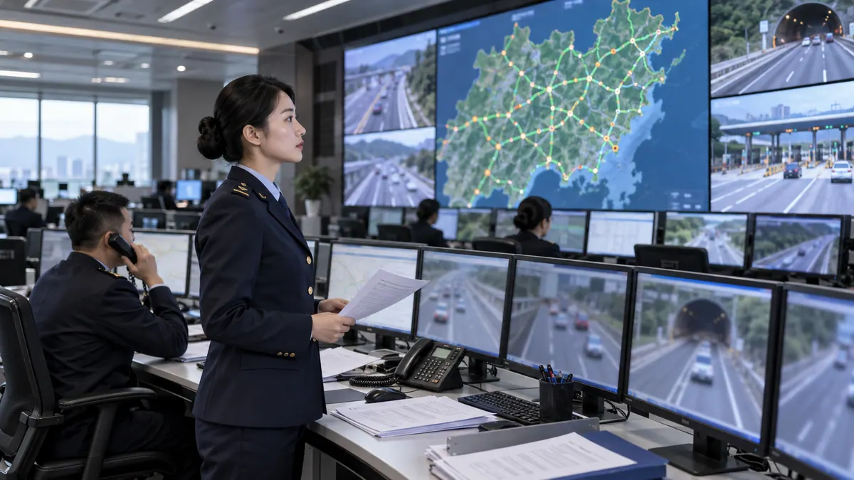 高速监控中心 · 路网流量预测与拥堵预警、节假日出行预测与分流诱导 现场