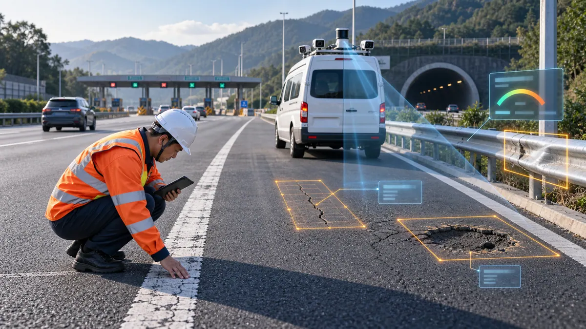 高速养护中心 · 路面病害与标志标线巡检车 AI 识别(裂缝 / 坑槽 / 车辙 / 护栏损坏) 示意