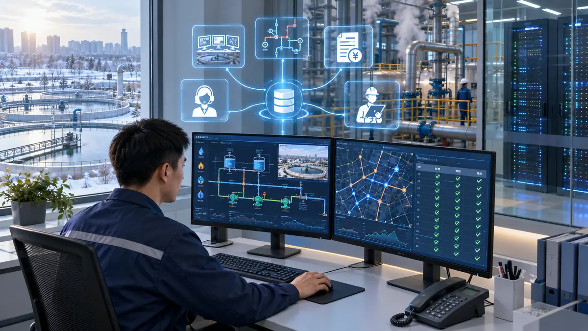 信息中心 · SCADA / GIS / 营收 / 客服 / 巡检系统接口打通与汇聚(接口自动适配) 示意